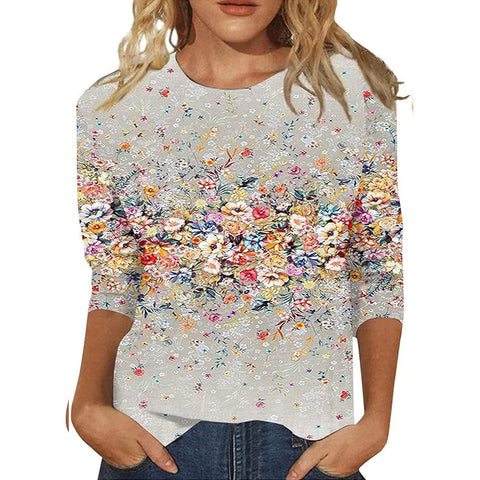 Pullover mit Rundhalsausschnitt und 7/4-Ärmeln, Pflanzenblumen und 3D-Druck, m300615 