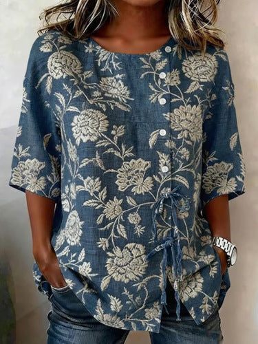 Color matching loose blouse five-button drawstring m302924