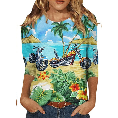 Pull ras du cou à manches sept-quarts et imprimé 3D de fleurs et de plantes m300615 
