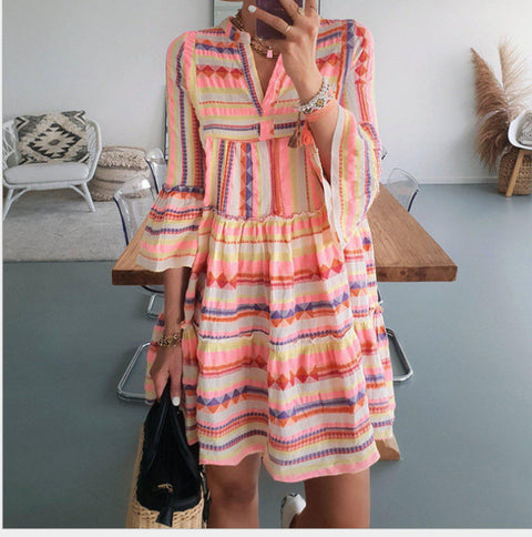 Robe imprimée ample col V en mousseline de soie jupe courte plissée m300054 