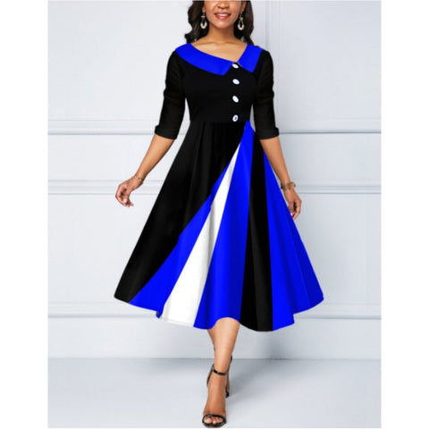 Langes Kleid mit 3D-gedrucktem Pendel und Fünfviertelärmeln und Knopfverzierung, m300864 