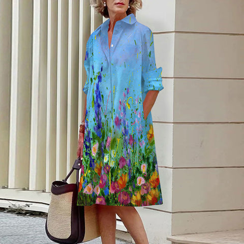 Robe chemise à boutons ouverts à une rangée, motif floral, impression numérique 3D, style vent doux, m300914 