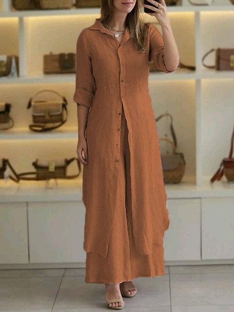 Elegantes Set aus eng anliegendem Langarmhemd und Hose aus Baumwolle und Leinen mit weitem Bein, m301063 