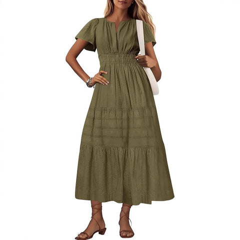 Fashion V-neck pleated bubble sleeves layered pendulum dress women m302009