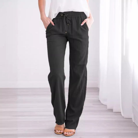 Solid color cotton and linen loose drawstring casual wide-leg trousers women's m301572