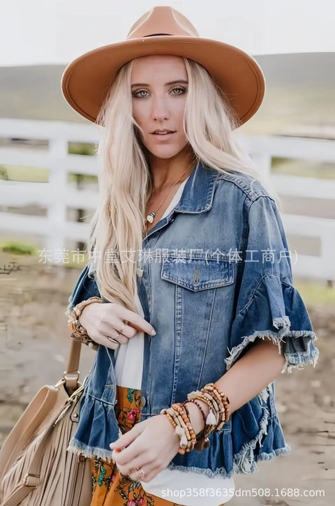 Women's denim short-sleeved ruffled fringed hem denim top m303100