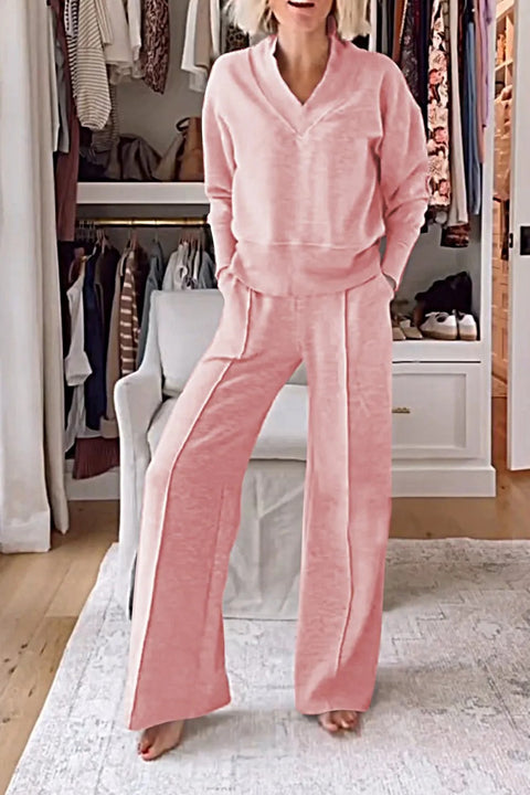 Zweiteiliges Set mit V-Ausschnitt, langärmeligem, lockerem Oberteil und Hose mit weitem Bein, m301327 