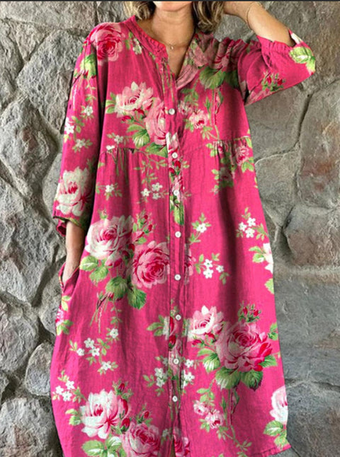 Robe chemise ample à col ras du cou et manches longues pour femme, imprimée, de qualité supérieure, m301050
