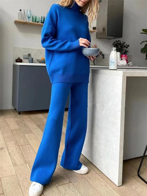 High-necked knitted suit women's autumn and winter lazy wind hair wide-leg pants two-piece set m301785