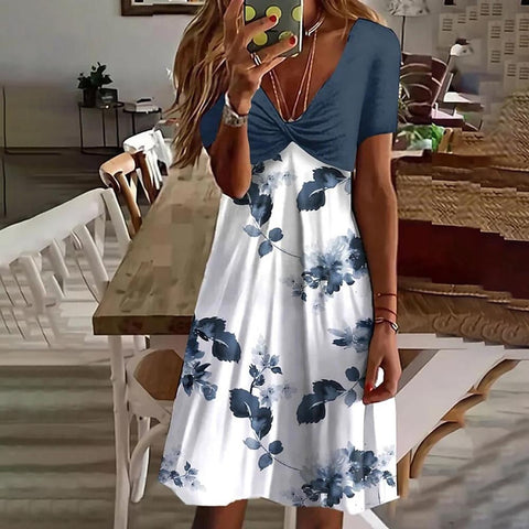 Bedrucktes, kurzärmliges, hoch tailliertes, gespleißtes Pendel-Freizeitkleid m300722 
