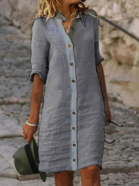 Hemdkragen, Halbarm, große runde Schnalle, Kleid aus Baumwolle und Leinen, M300218 