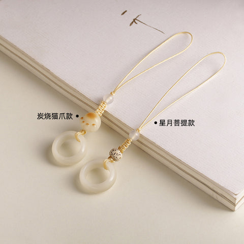 Weißer Jade Bodhi-Wurzel-Laufring Handykette handgewebt süßer Dongling-Jade-Schlüsselanhänger m3331261 