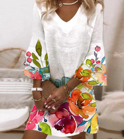 Fresh printed V-neck 3/4-sleeve mini women's dress m302854