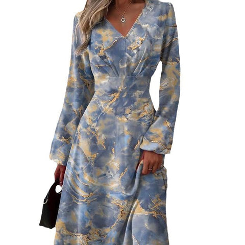 Modisches Printkleid mit V-Ausschnitt und langen Ärmeln, m300931 