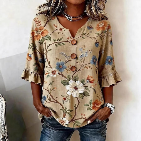 Small V-neck shirt flared sleeve printed button-down shirt m302753