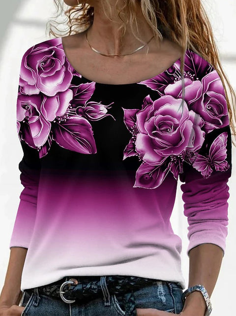 Langärmliges, lockeres, lässiges Pullover-T-Shirt mit Rundhalsausschnitt und 3D-Druck für Damen m300857 