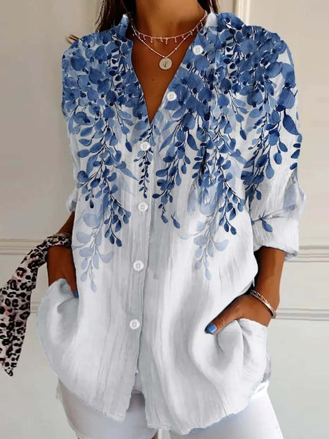 3D digital printing abstract pattern women's long-sleeved buckle linen shirt m302749-03