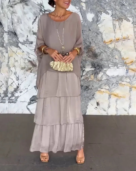 Fashion women's temperament round neck bat sleeve long dress m301334