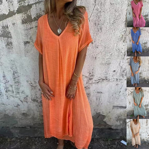 Modisches halbformelles Kleid aus Baumwolle und Leinen mit V-Ausschnitt m301062 