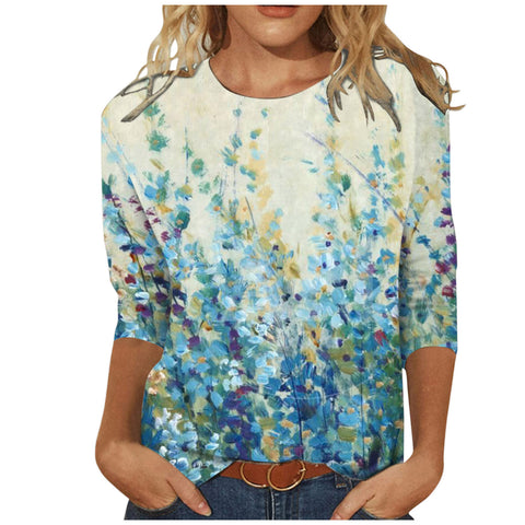 Damenbekleidung Rundhals 3/4 Ärmel Lose Print T-Shirt M300227 