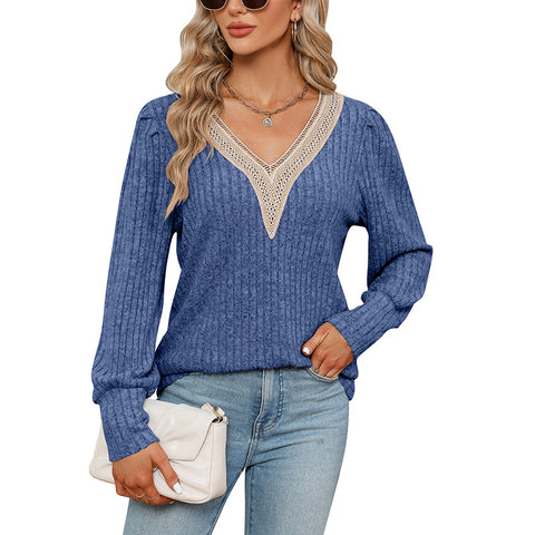 Damen V-Ausschnitt Spitze lose Grube Streifen poliert lose Langarm-T-Shirt m300519 