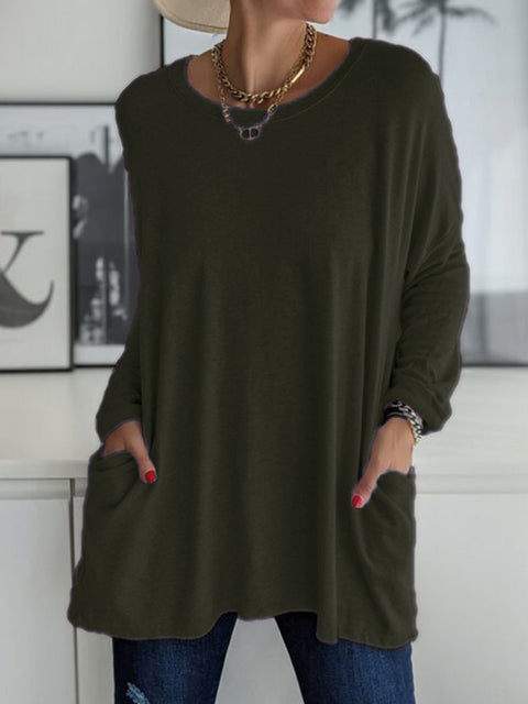 Crew neck long sleeve loose pocket solid color T-shirt casual women's clothing m301315