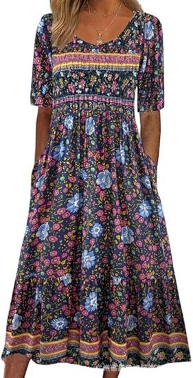 Damen Casual Rundhals Pullover Kurzarm 3D Druck Plissee Taille Swing Langes Kleid m301299 