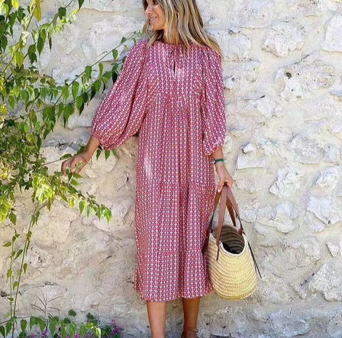 Robe à manches bouffantes à imprimé géométrique, jupe de rue frite m300902 
