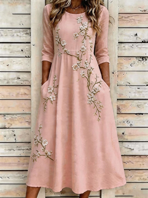 Creative floral elements seven-quarter sleeve long dress casual loose pocket dress m302768