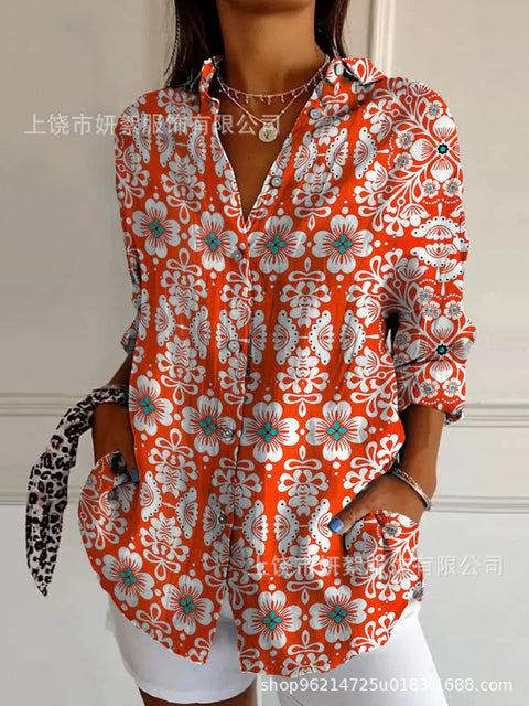 3D digital printing abstract pattern women's long-sleeved buckle linen shirt m302749-01