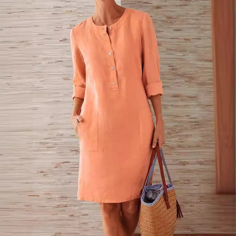 Robe à manches longues et col rond en coton et lin m300061 