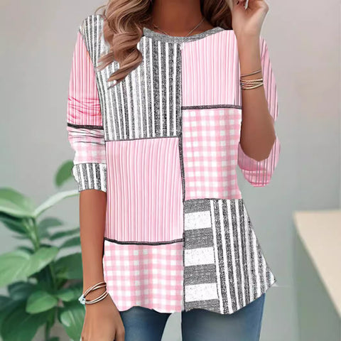 T-shirt à manches longues et col ras du cou pour femme, style rétro à carreaux, m300651 