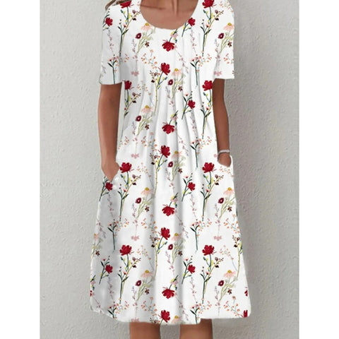 Frühling/Sommer Blumen bedrucktes Rundhals-Taschen-Mittellanges Kleid für Damenbekleidung m300037 