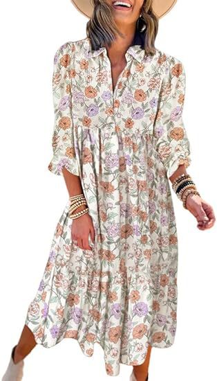 Lockeres, langärmliges, V-Ausschnitt-Kleid für Damen im Bohemian-Stil mit Blumenmuster und eleganter A-Form m300573 