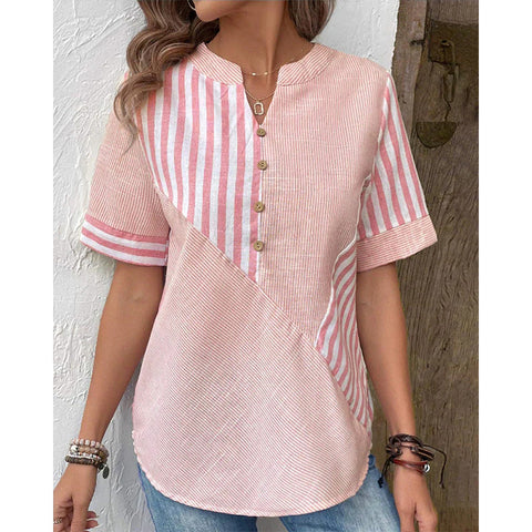 Women's open V-neck shirt asymmetrical striped splicing cotton and linen top m302709