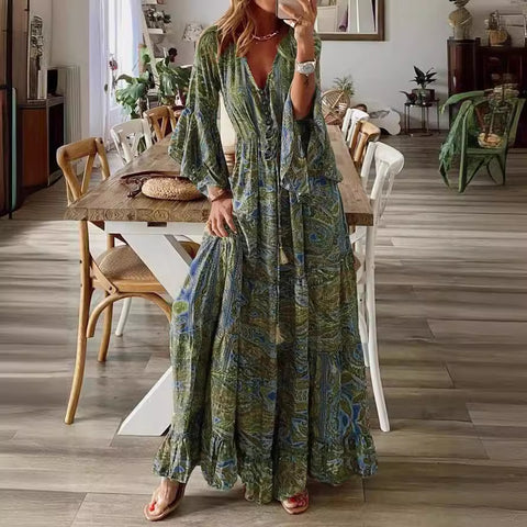 Bohemian Urlaubskleid mit ausgestellten Ärmeln, V-Ausschnitt und hoher Taille, bedruckt, m300709 