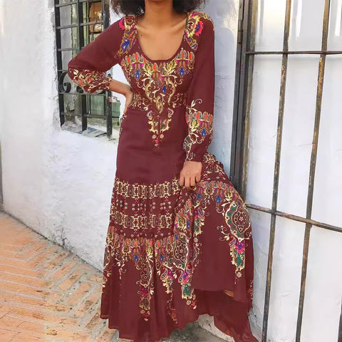 Temperament elegantes Langarmkleid Herbstdruck U-Ausschnitt Strandurlaubsstil langes Kleid m300927 
