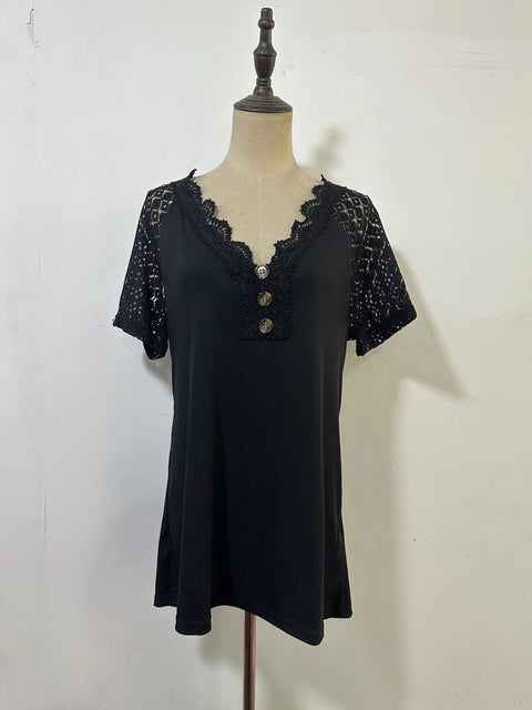 Bequemer und lässiger Pullover mit V-Ausschnitt und kurzen Ärmeln und Spitzennähten M300159 