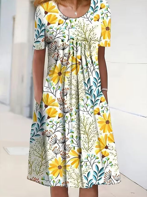 Frühling/Sommer Blumen bedrucktes Rundhals-Taschen-Mittellanges Kleid für Damenbekleidung m300037 