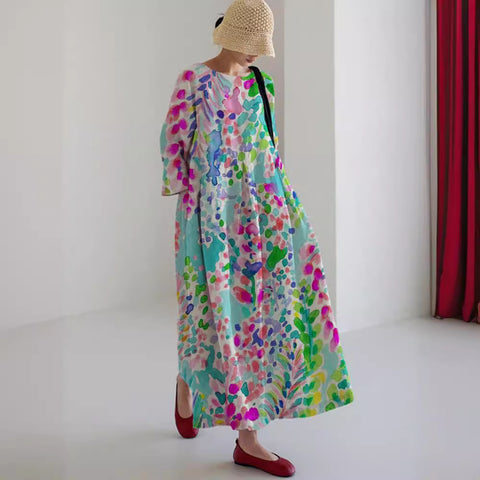 Robe ample à col ras du cou et manches longues imprimée haut de gamme m301044