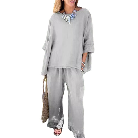 Cotton and linen suit women's solid color loose casual trousers two-piece set m303019