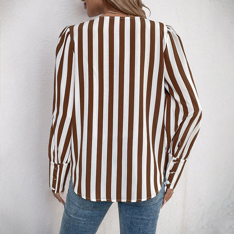 V-Ausschnitt Einreiher Strickjacke gestreift kontrastierend Langarm Damen Shirt m300818 