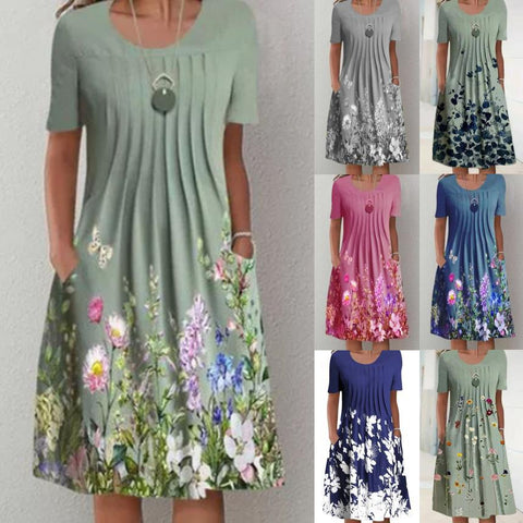 Frühling/Sommer Blumendruck Rundhalsausschnitt Tasche Mittellanges Kleid m300905 