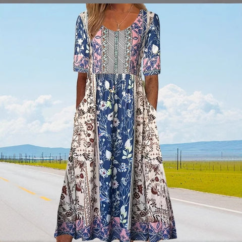 Up and down splicing pocket size printing big wide dress m301712