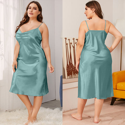Chemise de nuit en soie glacée pour femme, tenue d'été une pièce, col pivotant, bretelles, ample, m301494 