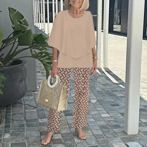Casual round neck medium sleeve top printed flower pants set two-piece set m301465