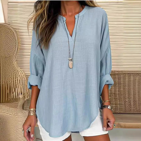 Kleine V-ausschnitt button-down schulter langarm frauen T gebogene saum kleidung m301361 