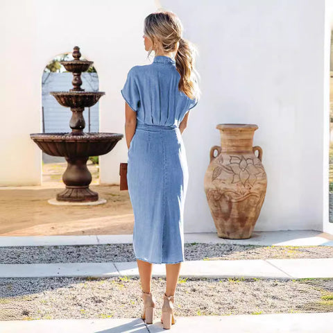 Hemdkragen, geteiltes, plissiertes Slim-Wash-Denim-Kleid M300315 