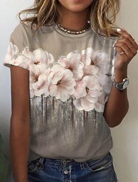 T-shirt femme imprimé fleurs rose bleu vert manches courtes m300912 