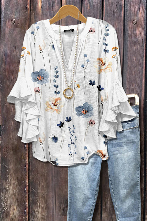 Kreativer Digitaldruck mit Blumenelementdruck, lässiger Trend, V-Ausschnitt, Lotuskante, T-Shirt m301352 